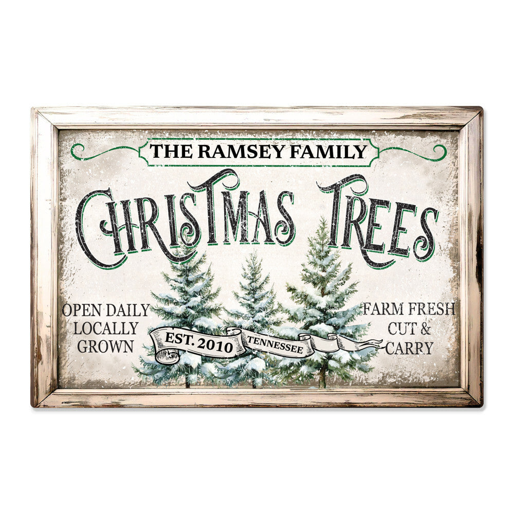 Personalized Farmhouse Christmas Tree Metal Art Print – Custom Holiday Decor