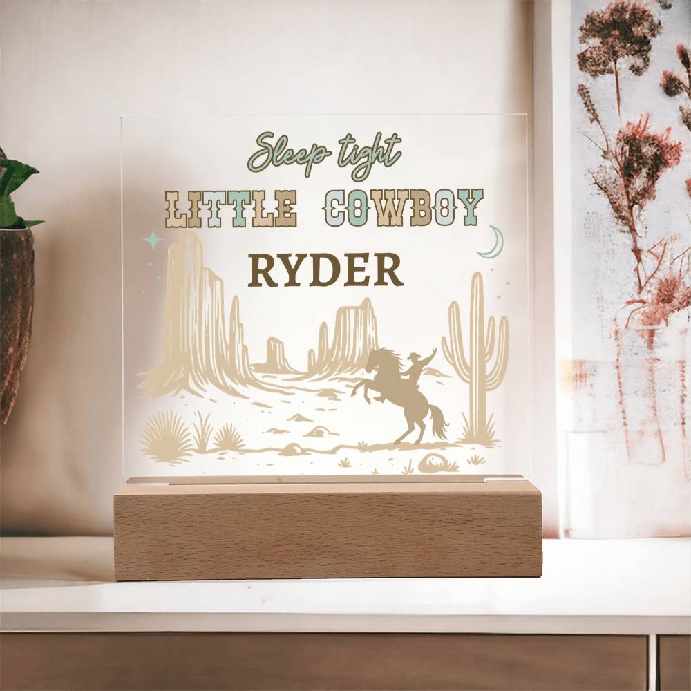 Sleep Tight Little Cowboy Personalized Acrylic Night Light – Custom Western Nursery Decor – Cowboy Bedroom Gift for Boys
