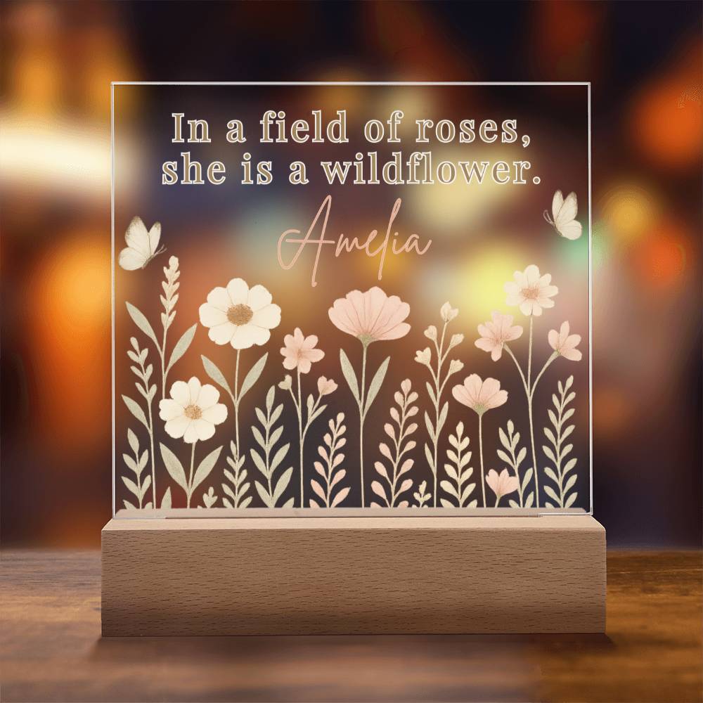 Personalized Wildflower LED Night Light – “In a Field of Roses, She Is a Wildflower” Nursery or Kids Decor | Custom Name Acrylic Light for Girls Room | Boho Floral Nightlight Gift