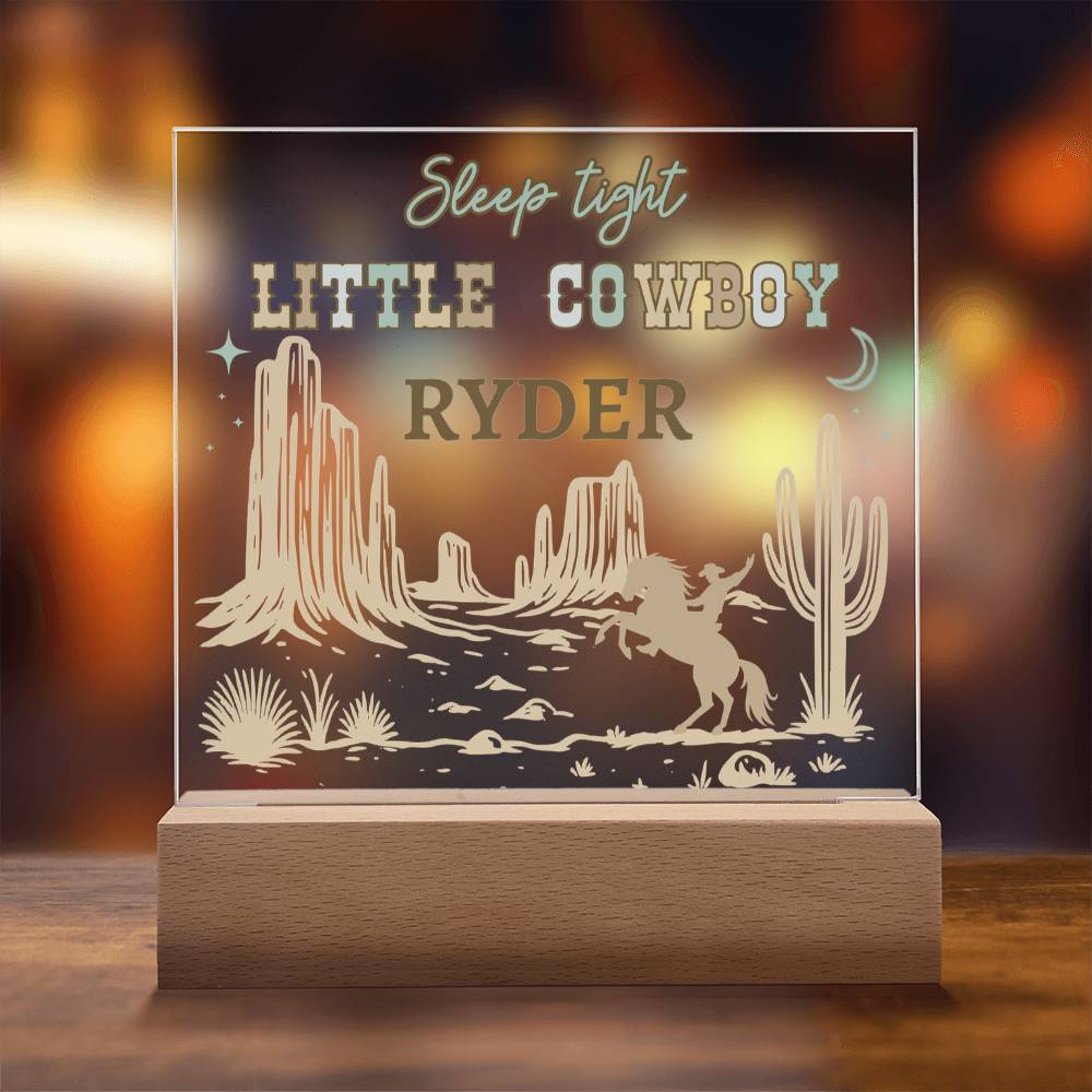 Sleep Tight Little Cowboy Personalized Acrylic Night Light – Custom Western Nursery Decor – Cowboy Bedroom Gift for Boys