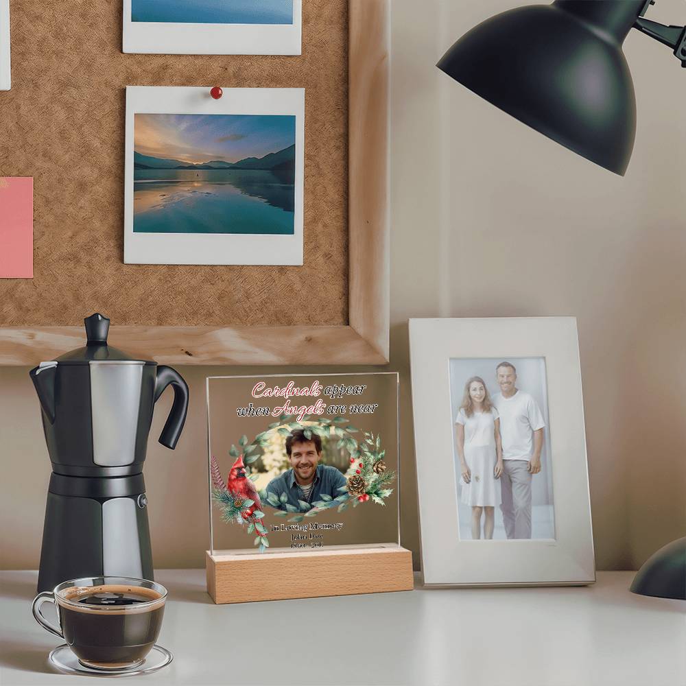 Personalized Cardinal Memorial LED Light – “Cardinals Appear When Angels Are Near” Acrylic Plaque with Custom Photo, Name & Dates | Sympathy, Christmas, or Remembrance Gift