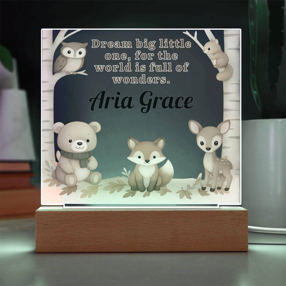 Personalized Woodland Animal LED Night Light – Custom Name Nursery Lamp with Bear, Fox & Deer – Dream Big Little One Baby Gift – Kids Room Decor