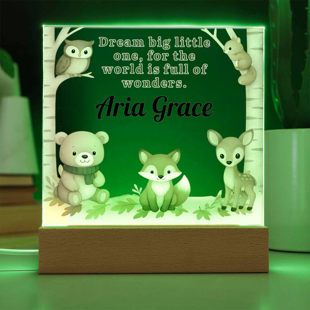 Personalized Woodland Animal LED Night Light – Custom Name Nursery Lamp with Bear, Fox & Deer – Dream Big Little One Baby Gift – Kids Room Decor