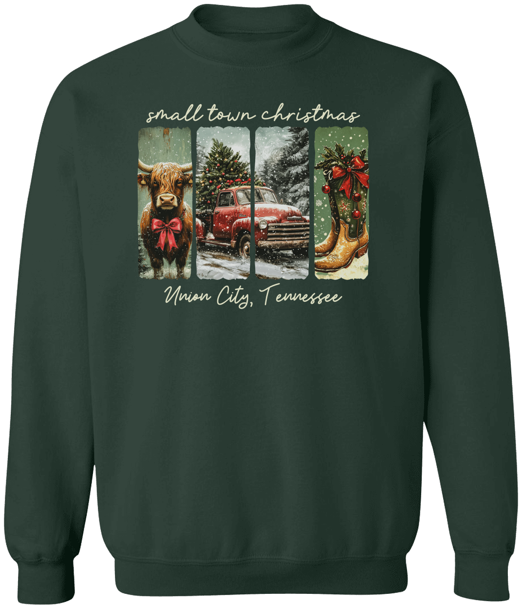 Vintage Small Town Christmas Gildan Sweatshirt – Personalized City & State Holiday Rustic Country Design