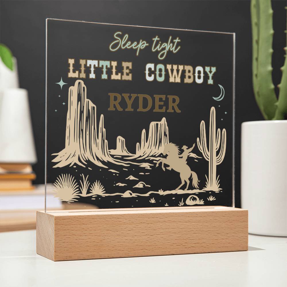 Sleep Tight Little Cowboy Personalized Acrylic Night Light – Custom Western Nursery Decor – Cowboy Bedroom Gift for Boys