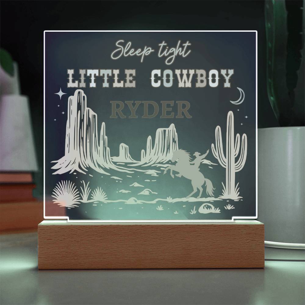 Sleep Tight Little Cowboy Personalized Acrylic Night Light – Custom Western Nursery Decor – Cowboy Bedroom Gift for Boys