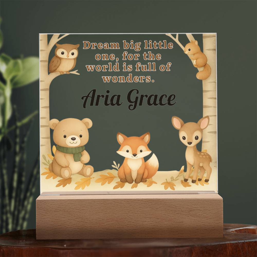 Personalized Woodland Animal LED Night Light – Custom Name Nursery Lamp with Bear, Fox & Deer – Dream Big Little One Baby Gift – Kids Room Decor