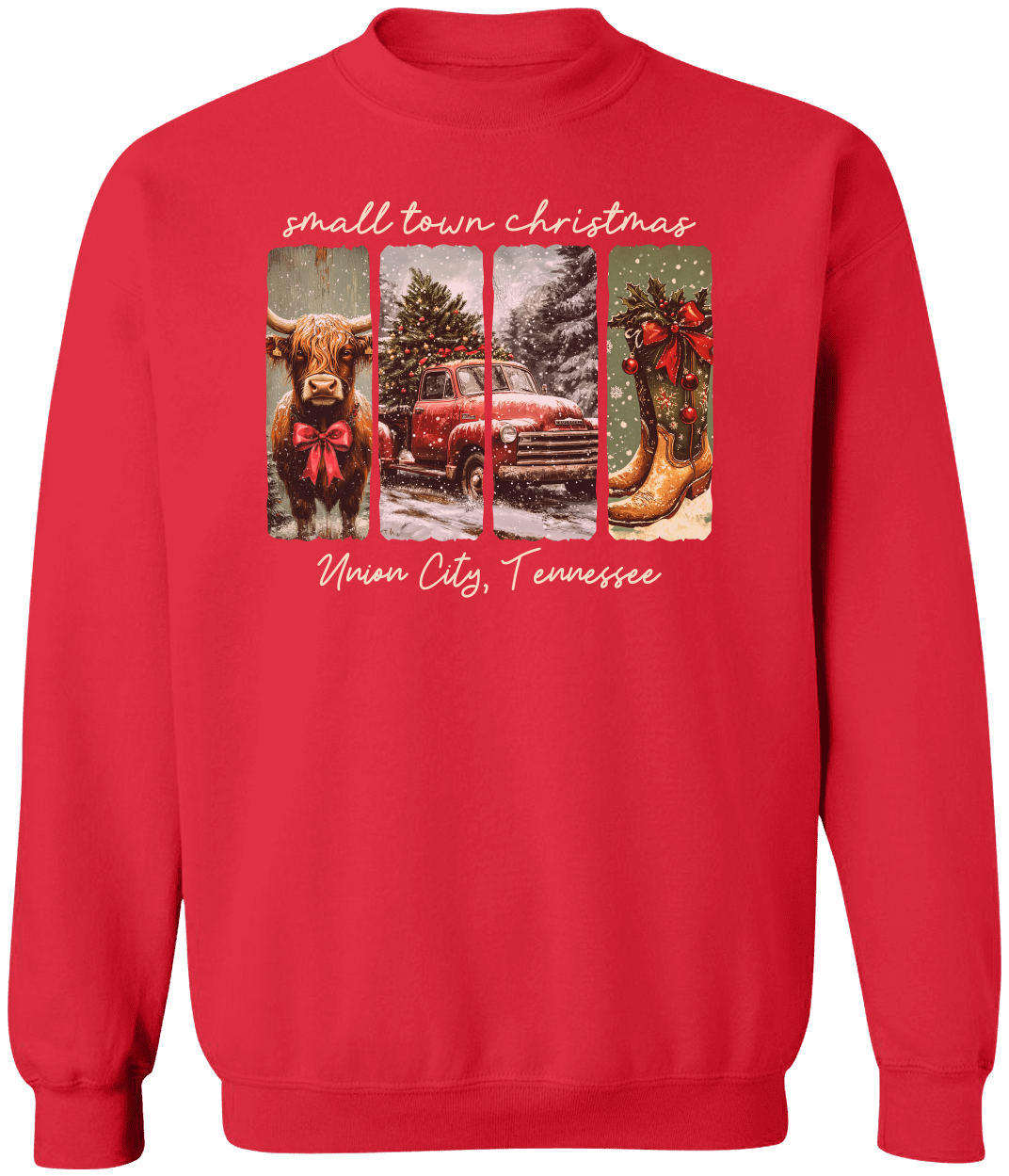 Vintage Small Town Christmas Gildan Sweatshirt – Personalized City & State Holiday Rustic Country Design