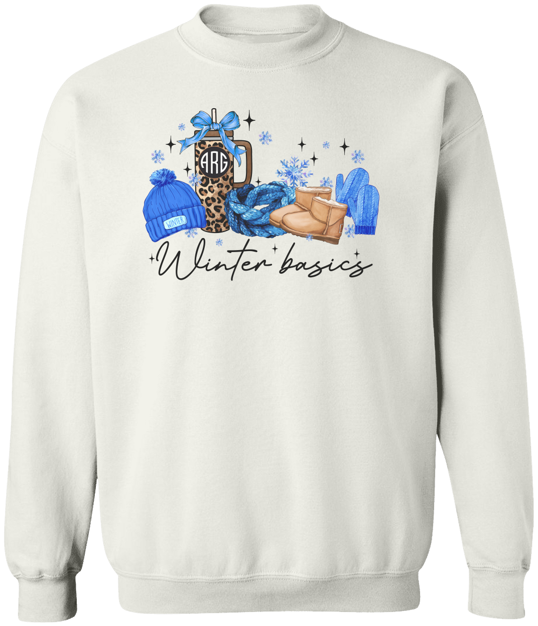 Personalized Winter Basics Gildan Crewneck Sweatshirt | Monogram Coffee Cup Design | Cozy Seasonal Apparel