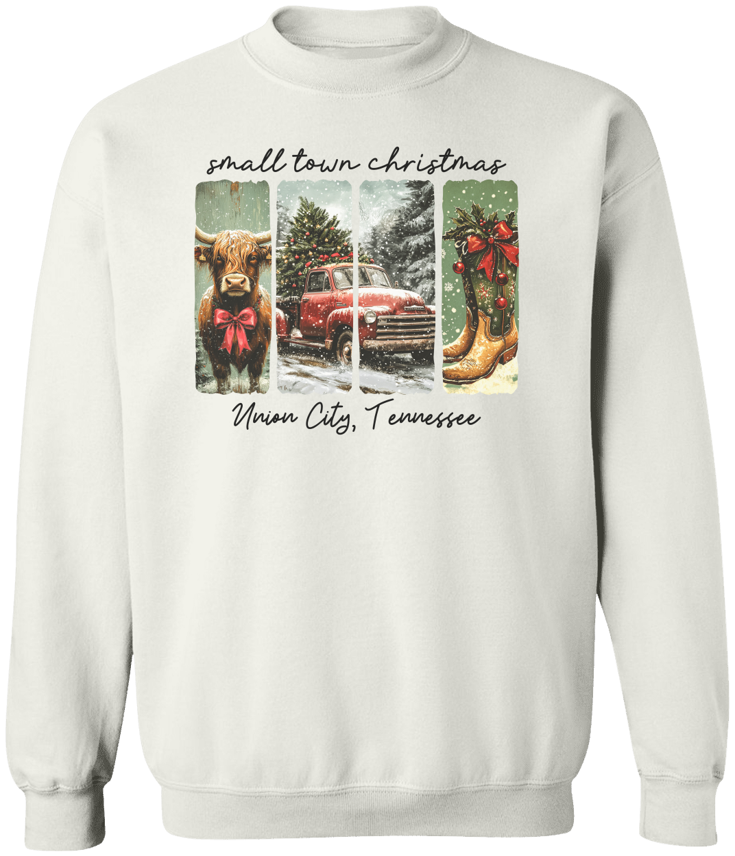 Vintage Small Town Christmas Gildan Sweatshirt – Personalized City & State Holiday Rustic Country Design