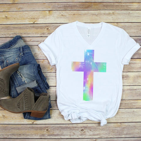 Watercolor Distressed Cross Soft V-Neck Tee – Stylish, Faithful, and Luxuriously Soft