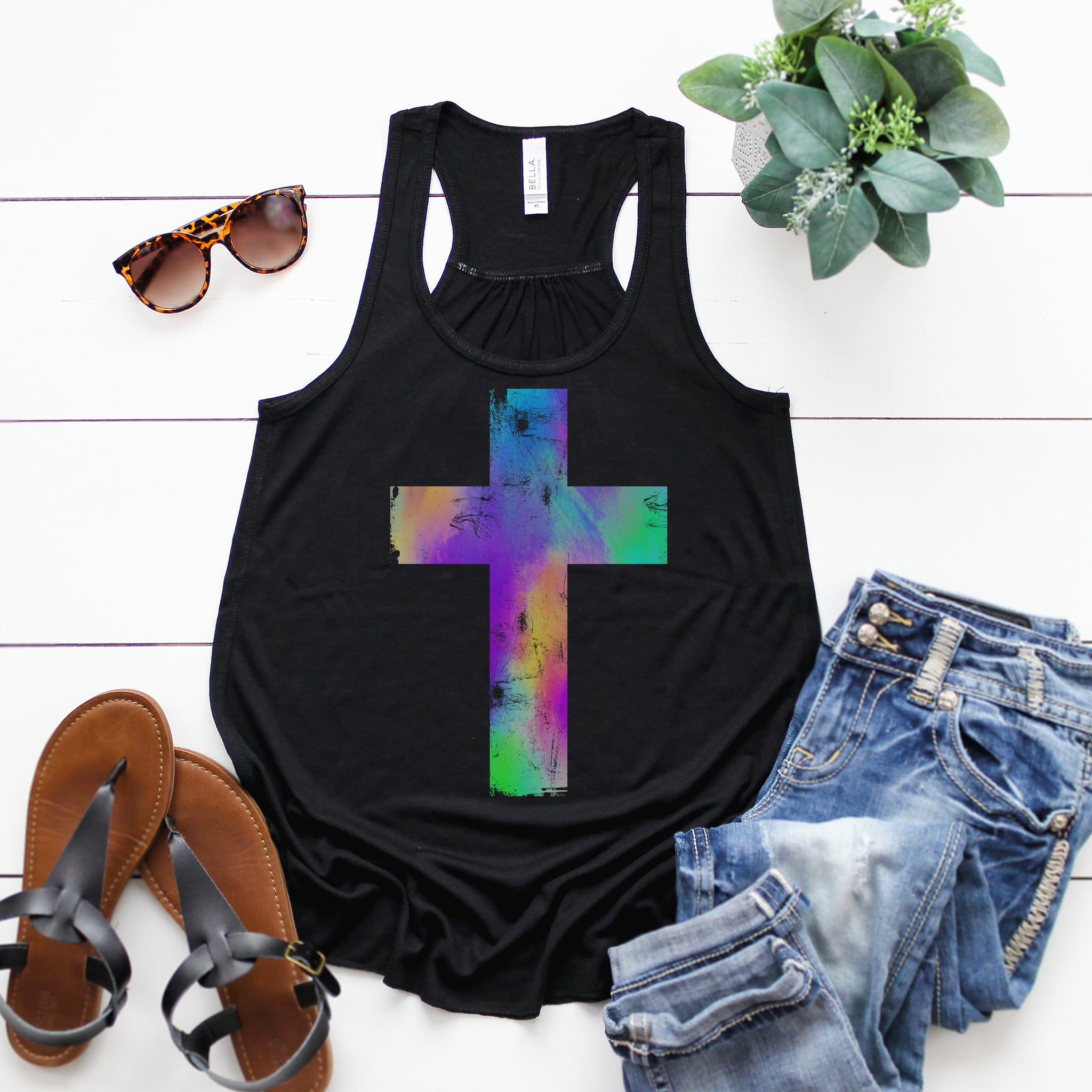 Watercolor Distressed Cross Flowy Racerback Tank – Stylish, Lightweight, and Faith-Inspired