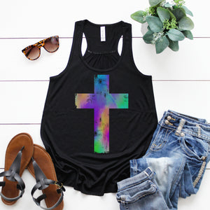 Watercolor Distressed Cross Flowy Racerback Tank – Stylish, Lightweight, and Faith-Inspired