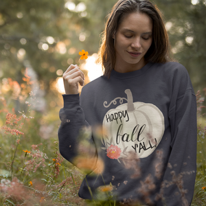 Happy Fall Y'all Watercolor Pumpkin Crewneck Sweatshirt Navy